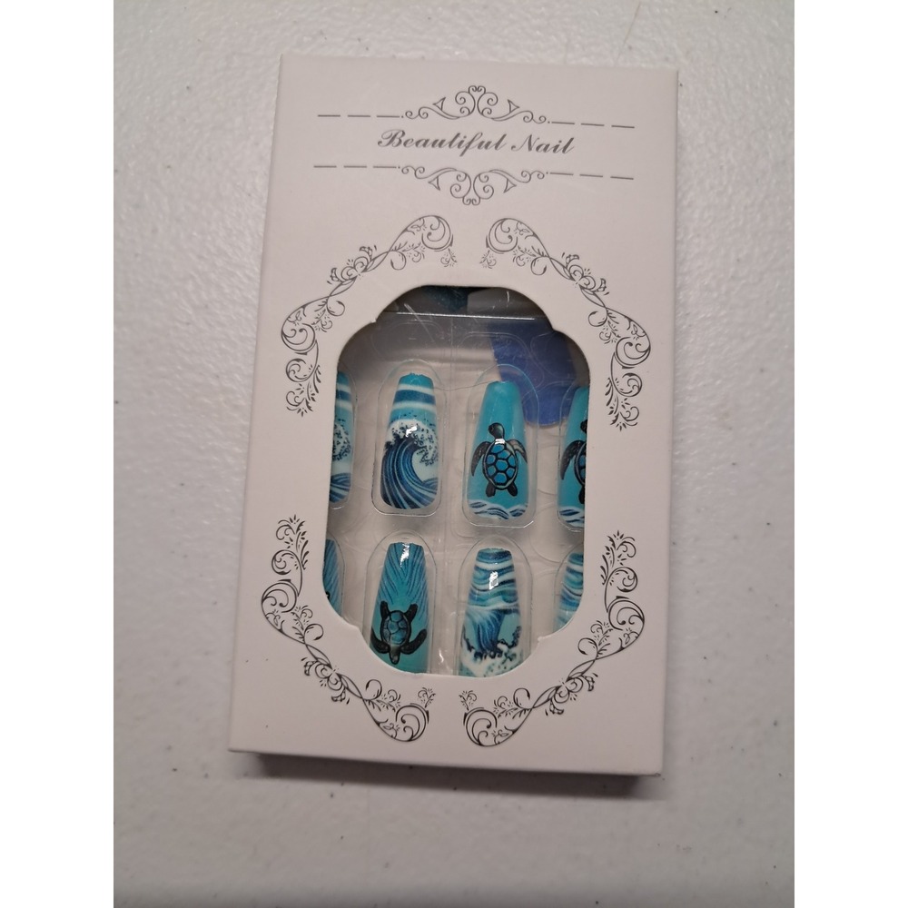 Beautiful Nail Sea Turtle Ocean Wave Press On Nails Blue Coffin Long 24pc Kit